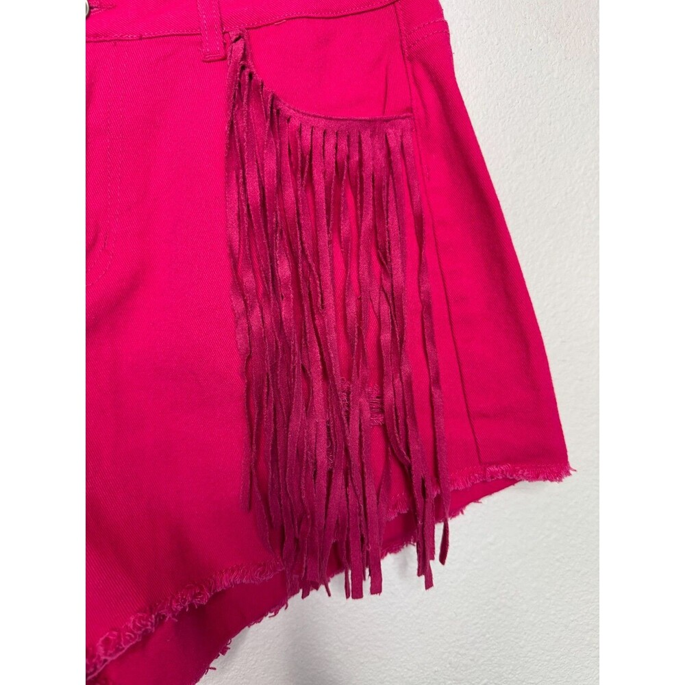 Altar'd State Medium Jean Shorts Hot Pink High Waisted Fringe Denim Distressed - Picture 5 of 10